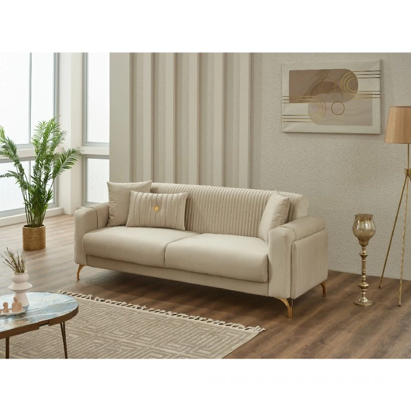Триместен диван Тера, Кадифе, Крем, 230х95х85 см