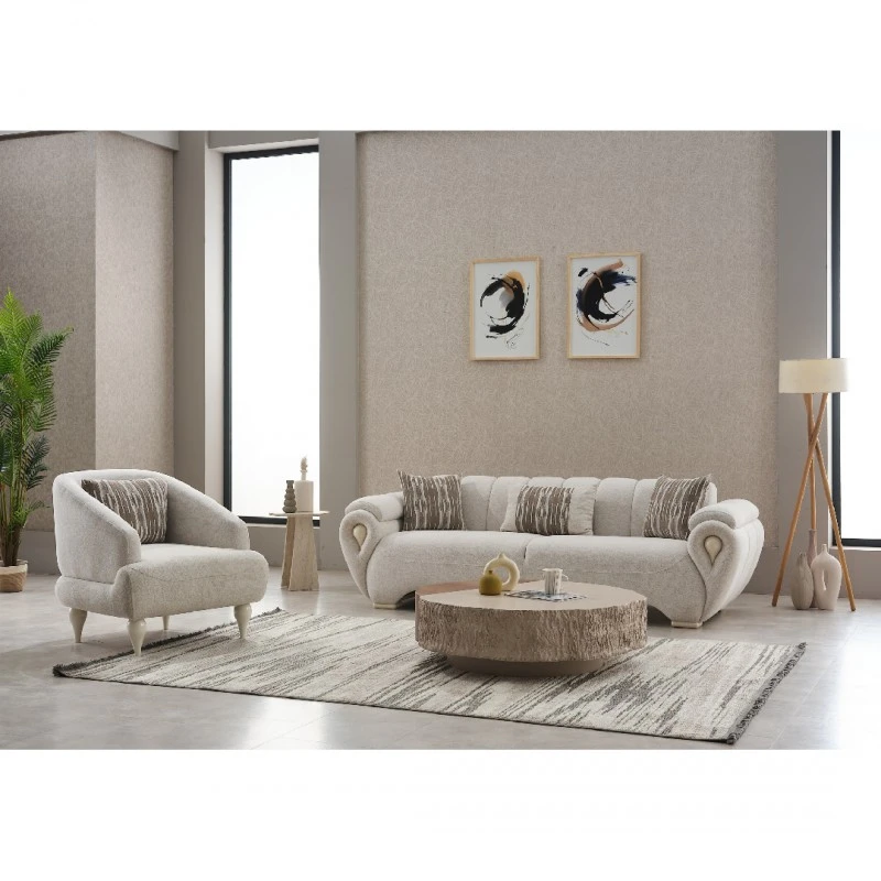 Триместен диван Дамла, Крем, Кадифе, 230х95х85см