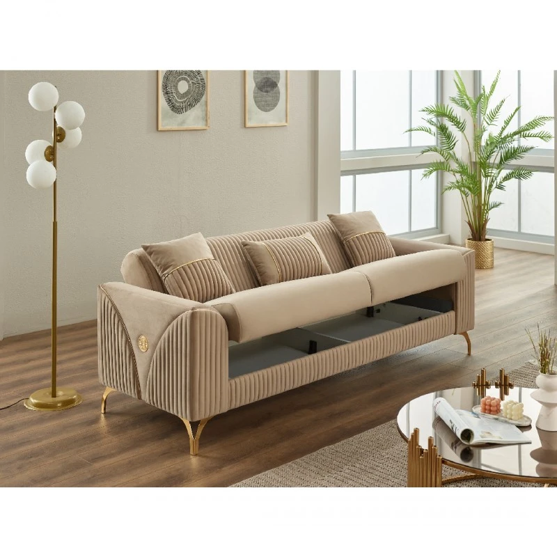 Двуместен диван Урла, Бежов, Кадифе, 185х95х85см